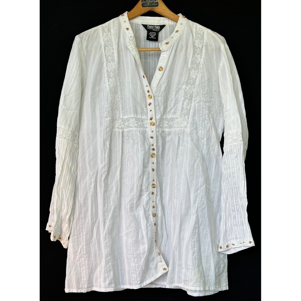 Take Two Clothing Top Tunic Beaded Boho Cotton Womens XXL White Cottagecore